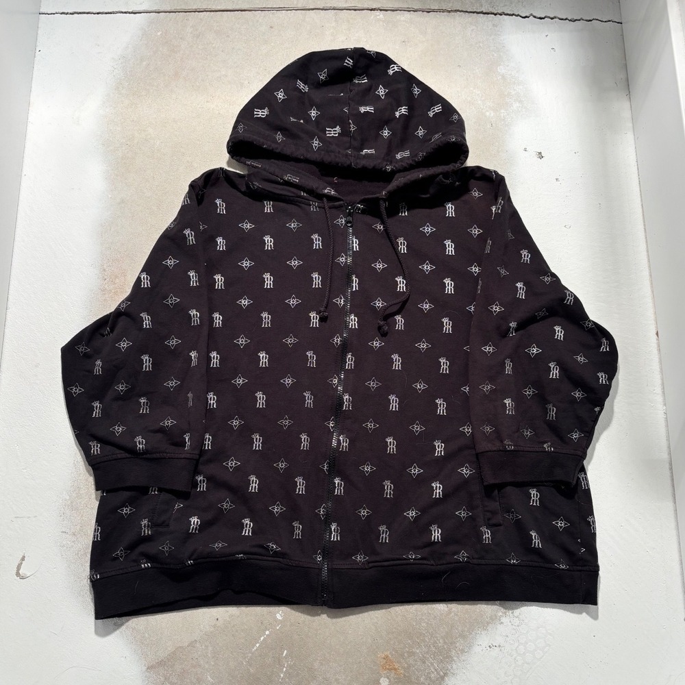 Monogram Crown Print Zip Up Hoodie Black Silver Foil Long Sleeve Sweatshirt